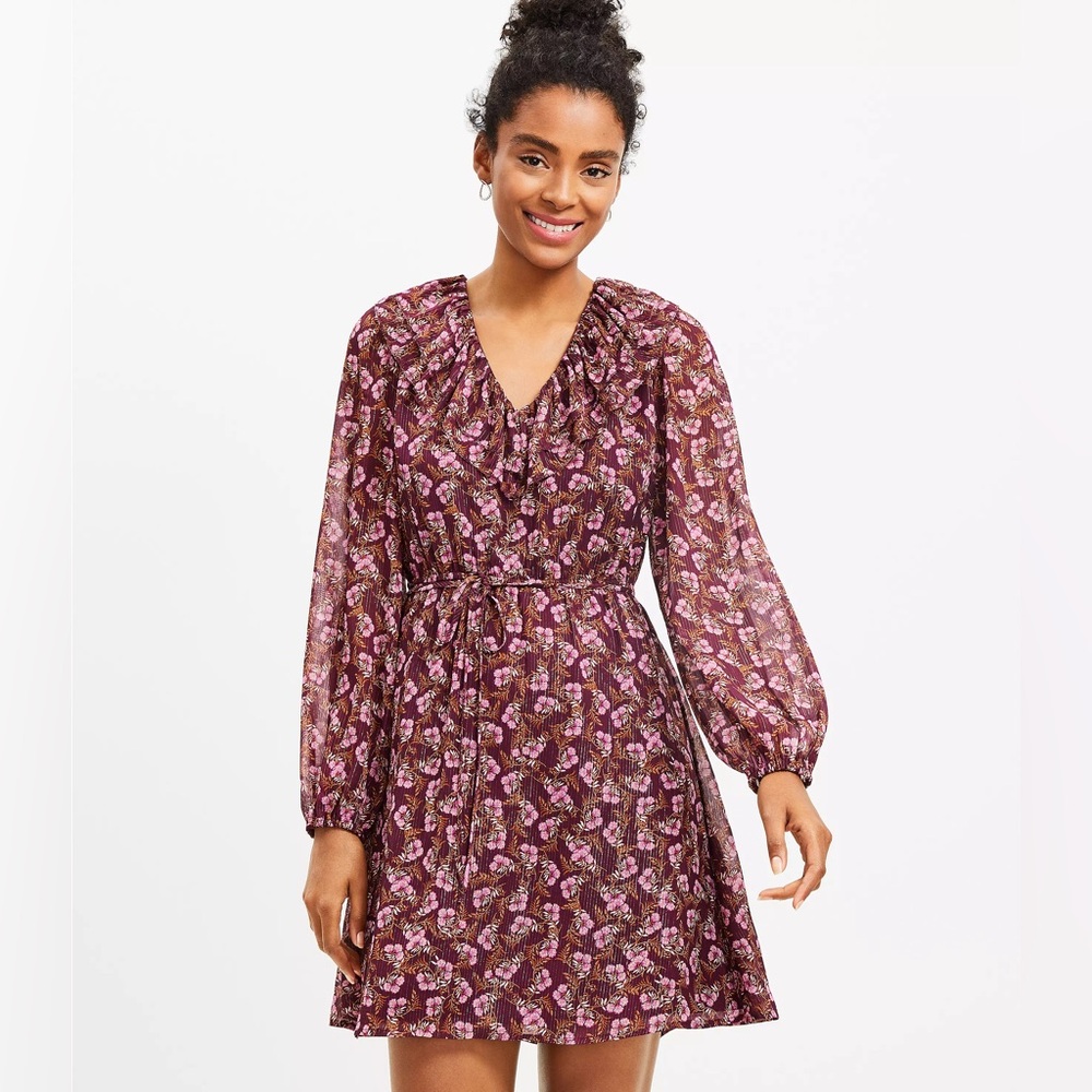 LOFT - Metallic Stripe Ruffle Tie Swing Dress